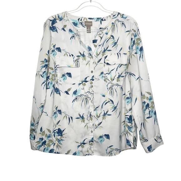 CHICO'S Summer Indigo Easy Utility Shirt Button Down Floral White Blue Size L - Picture 9 of 9